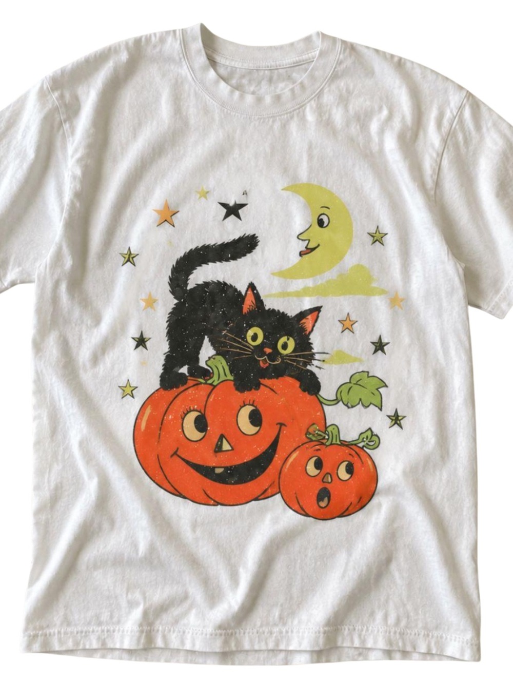 Gildan White Tee with Black Cat & Orange Pumpkins Graphic, Gift For Her, For Him